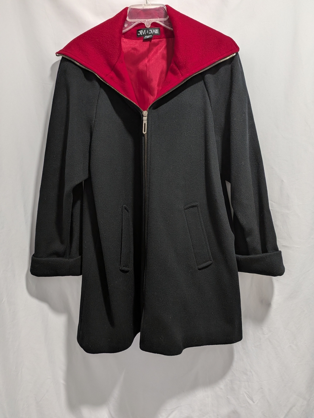 Steve and Searle Black Wool Pea Coat with Red Lining